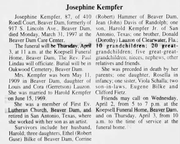 Obituary for Josephine Kempfer, 1909-1997 (Aged 87)